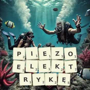 Kreatywna ilustracja do gry w Scrabble ze słowem PIEZOELEKTRYKĘ ułożonym z płytek na planszy.