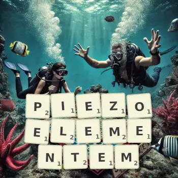 Kreatywna ilustracja do gry w Scrabble ze słowem PIEZOELEMENTEM ułożonym z płytek na planszy.