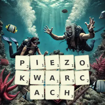 Kreatywna ilustracja do gry w Scrabble ze słowem PIEZOKWARCACH ułożonym z płytek na planszy.
