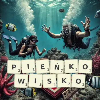 Kreatywna ilustracja do gry w Scrabble ze słowem PIEŃKOWISKO ułożonym z płytek na planszy.