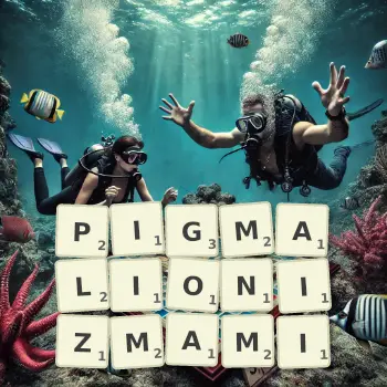 Kreatywna ilustracja do gry w Scrabble ze słowem PIGMALIONIZMAMI ułożonym z płytek na planszy.