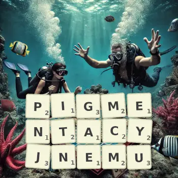Kreatywna ilustracja do gry w Scrabble ze słowem PIGMENTACYJNEMU ułożonym z płytek na planszy.