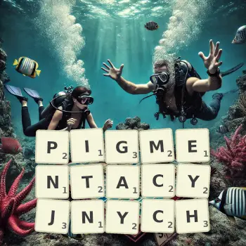 Kreatywna ilustracja do gry w Scrabble ze słowem PIGMENTACYJNYCH ułożonym z płytek na planszy.