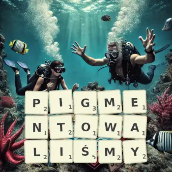 Kreatywna ilustracja do gry w Scrabble ze słowem PIGMENTOWALIŚMY ułożonym z płytek na planszy.