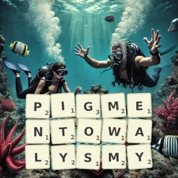 Kreatywna ilustracja do gry w Scrabble ze słowem PIGMENTOWALYSMY ułożonym z płytek na planszy.