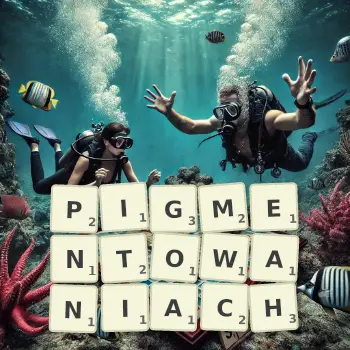 Kreatywna ilustracja do gry w Scrabble ze słowem PIGMENTOWANIACH ułożonym z płytek na planszy.