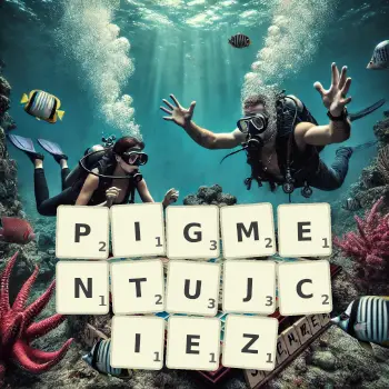 Kreatywna ilustracja do gry w Scrabble ze słowem PIGMENTUJCIEZ ułożonym z płytek na planszy.