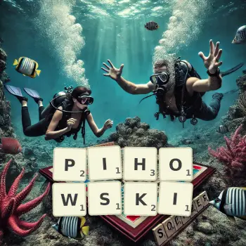 Kreatywna ilustracja do gry w Scrabble ze słowem PIHOWSKI ułożonym z płytek na planszy.