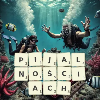 Kreatywna ilustracja do gry w Scrabble ze słowem PIJALNOŚCIACH ułożonym z płytek na planszy.