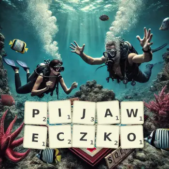 Kreatywna ilustracja do gry w Scrabble ze słowem PIJAWECZKO ułożonym z płytek na planszy.