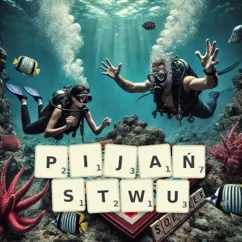 Kreatywna ilustracja do gry w Scrabble ze słowem PIJAŃSTWU ułożonym z płytek na planszy.