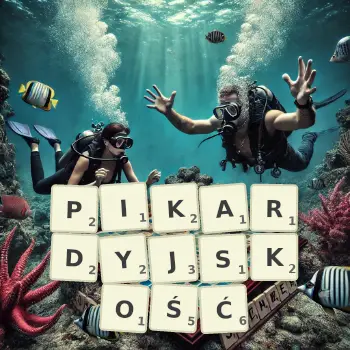 Kreatywna ilustracja do gry w Scrabble ze słowem PIKARDYJSKOŚĆ ułożonym z płytek na planszy.
