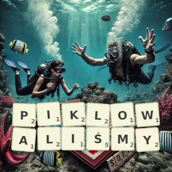 Kreatywna ilustracja do gry w Scrabble ze słowem PIKLOWALIŚMY ułożonym z płytek na planszy.