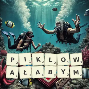 Kreatywna ilustracja do gry w Scrabble ze słowem PIKLOWAŁABYM ułożonym z płytek na planszy.