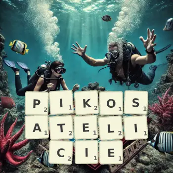 Kreatywna ilustracja do gry w Scrabble ze słowem PIKOSATELICIE ułożonym z płytek na planszy.