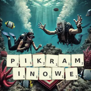 Kreatywna ilustracja do gry w Scrabble ze słowem PIKRAMINOWE ułożonym z płytek na planszy.