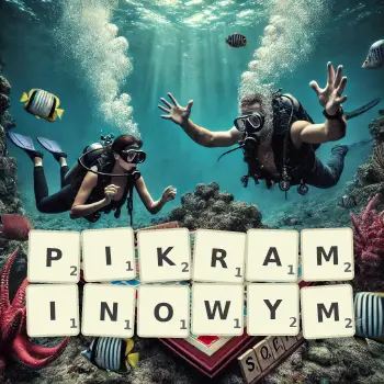 Kreatywna ilustracja do gry w Scrabble ze słowem PIKRAMINOWYM ułożonym z płytek na planszy.