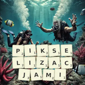 Kreatywna ilustracja do gry w Scrabble ze słowem PIKSELIZACJAMI ułożonym z płytek na planszy.