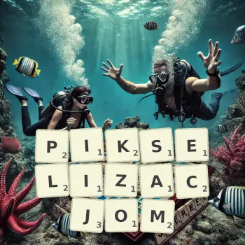 Kreatywna ilustracja do gry w Scrabble ze słowem PIKSELIZACJOM ułożonym z płytek na planszy.