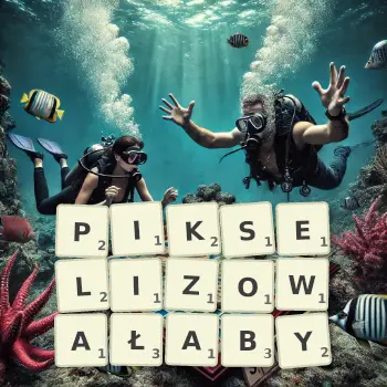 Kreatywna ilustracja do gry w Scrabble ze słowem PIKSELIZOWAŁABY ułożonym z płytek na planszy.
