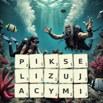 Kreatywna ilustracja do gry w Scrabble ze słowem PIKSELIZUJACYMI ułożonym z płytek na planszy.