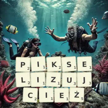 Kreatywna ilustracja do gry w Scrabble ze słowem PIKSELIZUJCIEŻ ułożonym z płytek na planszy.