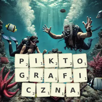 Kreatywna ilustracja do gry w Scrabble ze słowem PIKTOGRAFICZNA ułożonym z płytek na planszy.