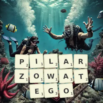 Kreatywna ilustracja do gry w Scrabble ze słowem PILARZOWATEGO ułożonym z płytek na planszy.