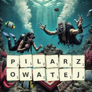 Kreatywna ilustracja do gry w Scrabble ze słowem PILARZOWATEJ ułożonym z płytek na planszy.