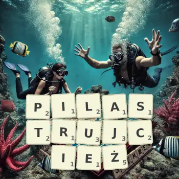 Kreatywna ilustracja do gry w Scrabble ze słowem PILASTRUJCIEŻ ułożonym z płytek na planszy.