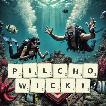 Kreatywna ilustracja do gry w Scrabble ze słowem PILCHOWICKI ułożonym z płytek na planszy.