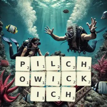 Kreatywna ilustracja do gry w Scrabble ze słowem PILCHOWICKICH ułożonym z płytek na planszy.