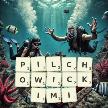 Kreatywna ilustracja do gry w Scrabble ze słowem PILCHOWICKIMI ułożonym z płytek na planszy.