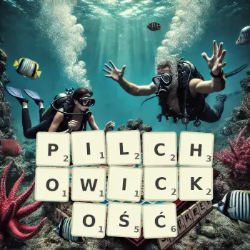 Kreatywna ilustracja do gry w Scrabble ze słowem PILCHOWICKOŚĆ ułożonym z płytek na planszy.