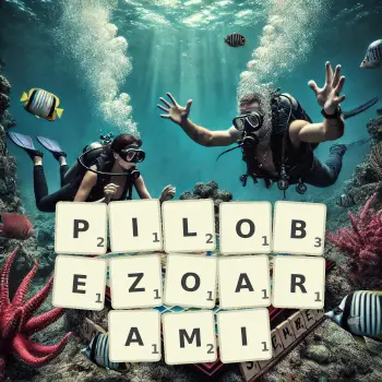 Kreatywna ilustracja do gry w Scrabble ze słowem PILOBEZOARAMI ułożonym z płytek na planszy.