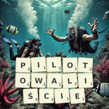 Kreatywna ilustracja do gry w Scrabble ze słowem PILOTOWALIŚCIE ułożonym z płytek na planszy.