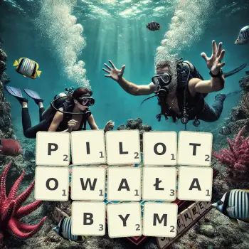Kreatywna ilustracja do gry w Scrabble ze słowem PILOTOWAŁABYM ułożonym z płytek na planszy.
