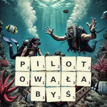 Kreatywna ilustracja do gry w Scrabble ze słowem PILOTOWAŁABYŚ ułożonym z płytek na planszy.