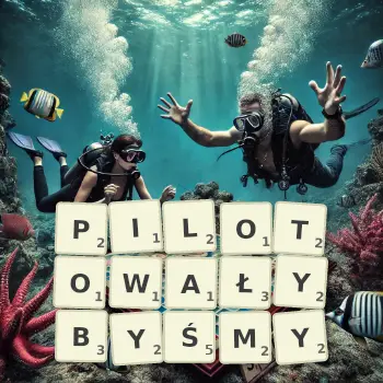 Kreatywna ilustracja do gry w Scrabble ze słowem PILOTOWAŁYBYŚMY ułożonym z płytek na planszy.