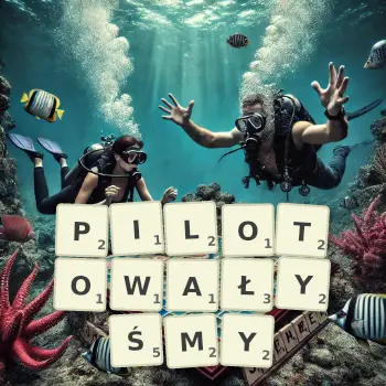 Kreatywna ilustracja do gry w Scrabble ze słowem PILOTOWAŁYŚMY ułożonym z płytek na planszy.