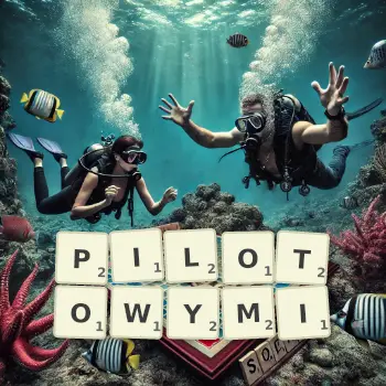 Kreatywna ilustracja do gry w Scrabble ze słowem PILOTOWYMI ułożonym z płytek na planszy.