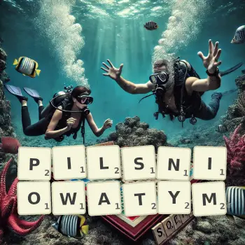 Kreatywna ilustracja do gry w Scrabble ze słowem PILSNIOWATYM ułożonym z płytek na planszy.