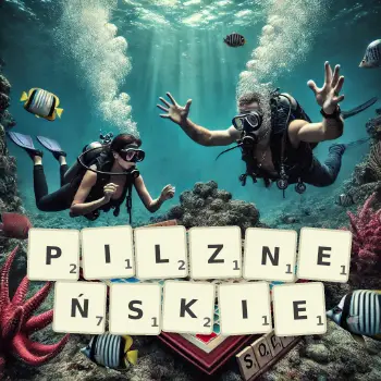 Kreatywna ilustracja do gry w Scrabble ze słowem PILZNEŃSKIE ułożonym z płytek na planszy.