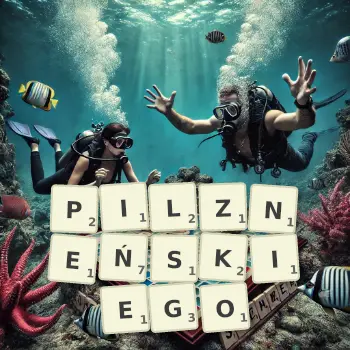 Kreatywna ilustracja do gry w Scrabble ze słowem PILZNEŃSKIEGO ułożonym z płytek na planszy.