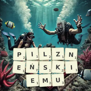 Kreatywna ilustracja do gry w Scrabble ze słowem PILZNEŃSKIEMU ułożonym z płytek na planszy.
