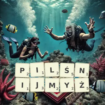 Kreatywna ilustracja do gry w Scrabble ze słowem PILŚNIJMYŻ ułożonym z płytek na planszy.