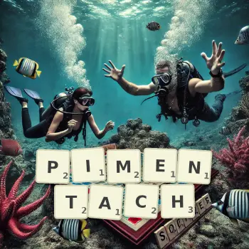 Kreatywna ilustracja do gry w Scrabble ze słowem PIMENTACH ułożonym z płytek na planszy.