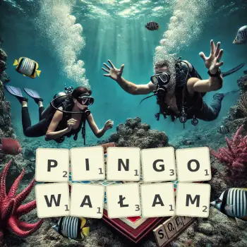 Kreatywna ilustracja do gry w Scrabble ze słowem PINGOWAŁAM ułożonym z płytek na planszy.