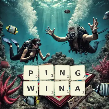 Kreatywna ilustracja do gry w Scrabble ze słowem PINGWINA ułożonym z płytek na planszy.