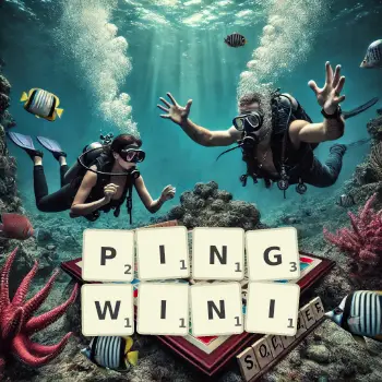 Kreatywna ilustracja do gry w Scrabble ze słowem PINGWINI ułożonym z płytek na planszy.